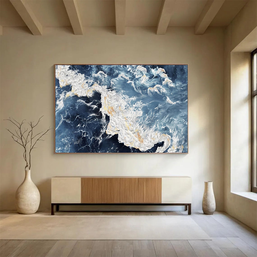 “Sea Splash” - Hues of dark blue, light blue, white, and gold; surging waves with golden glints in the spray CT1528