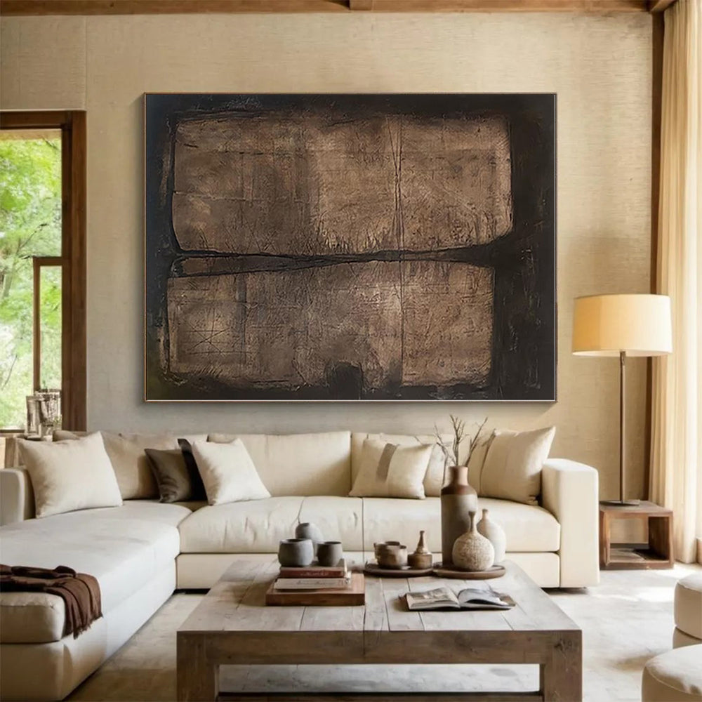 “Textured Brown Diptych”,Abstract Minimalist Mixed - Media Work CT0548