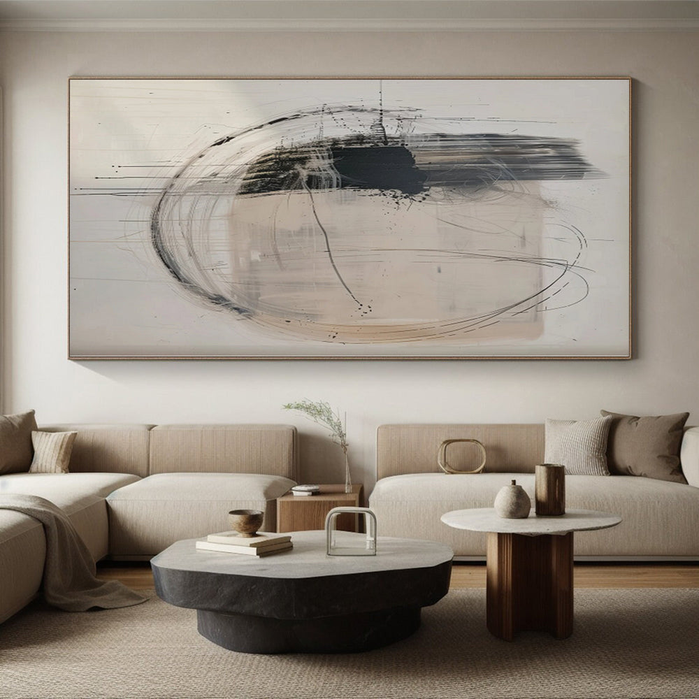“Beige - Black Dynamic Circles” Abstract Acrylic Art CT0273