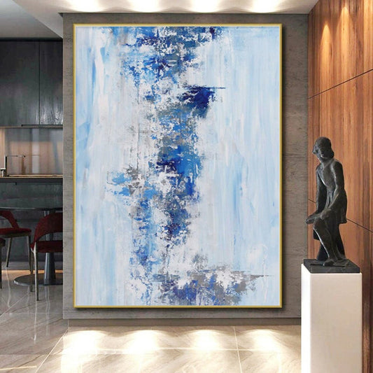 “Blue & Gray Waterfall” - Abstract Painting with Light Blue, Dark Blue, Gray CT0072