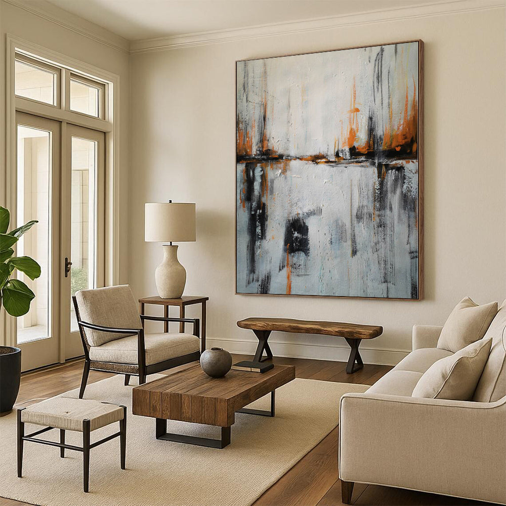 “Orange & Black Strokes on White: City Reflection” - Abstract Landscape Painting CT0384