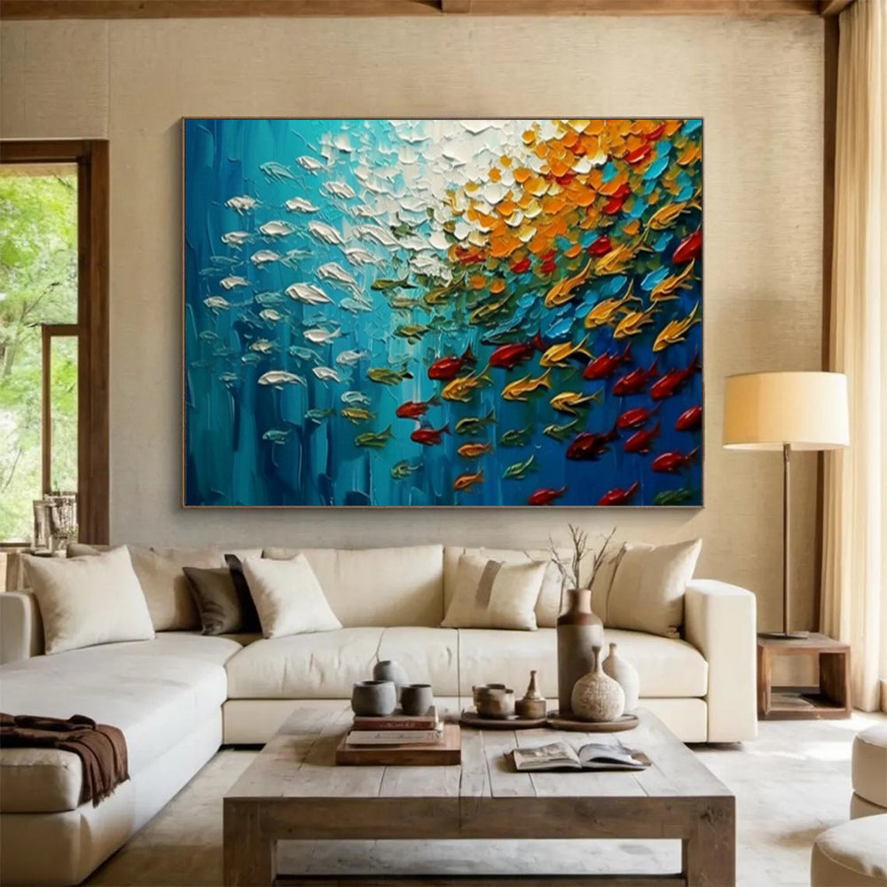 “Oceanic Symphony” – Deep blues, whites, oranges with thickly painted, swirling fish CT1689
