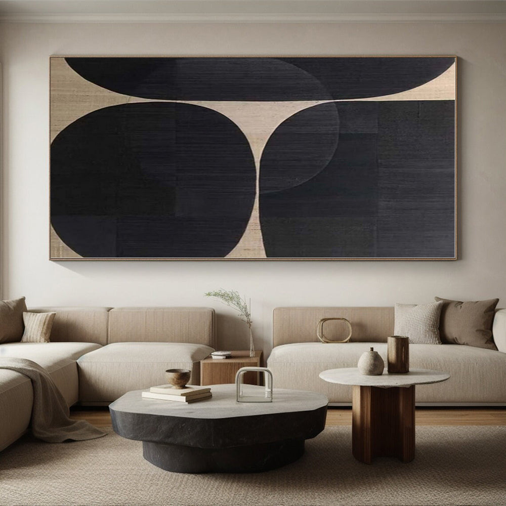 “Black and Beige Geometric Forms”,Abstract Minimalist Acrylic Art CT0581