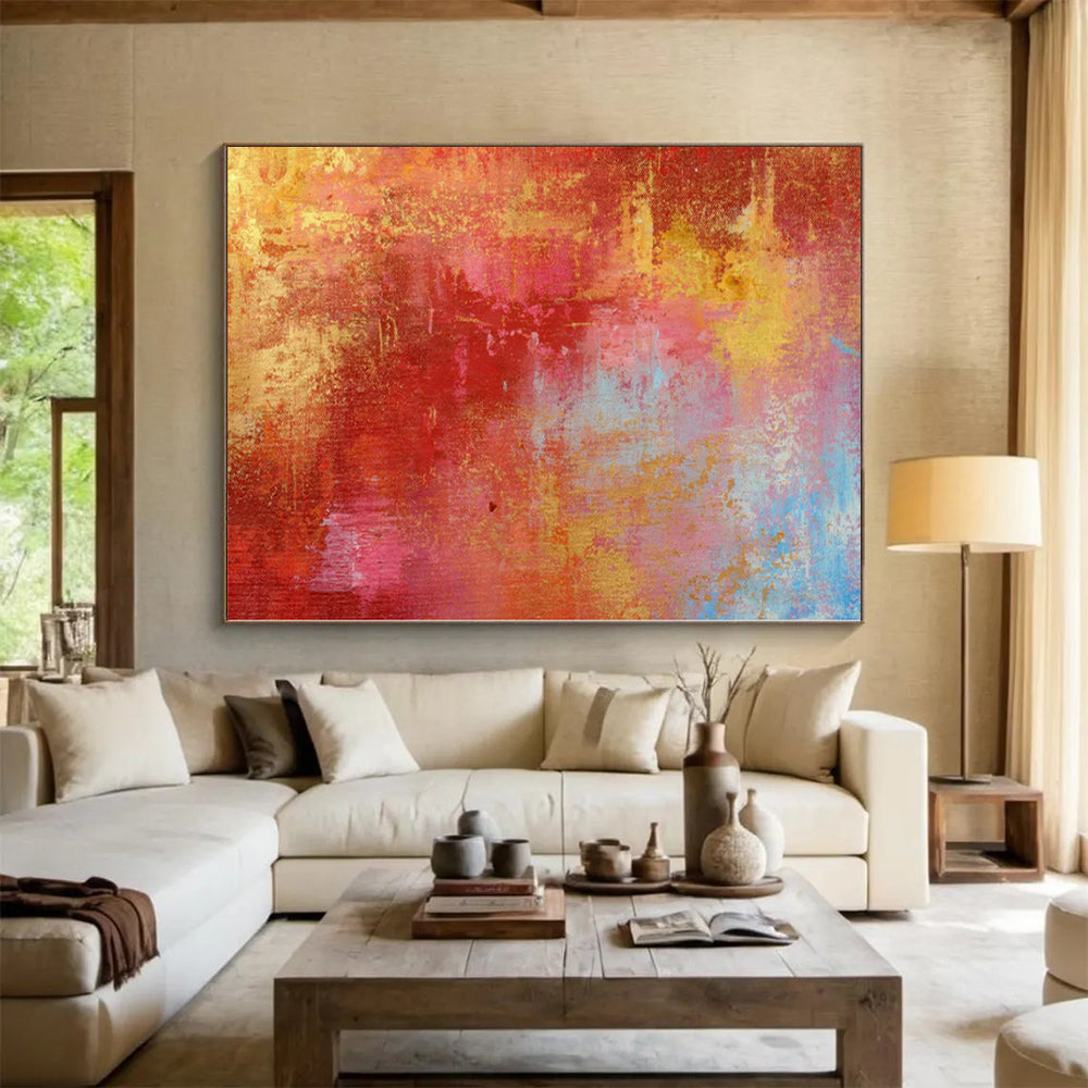 “Crimson Gold Fiesta” - Abstract Art with Red, Gold, Yellow, Blue CT0022