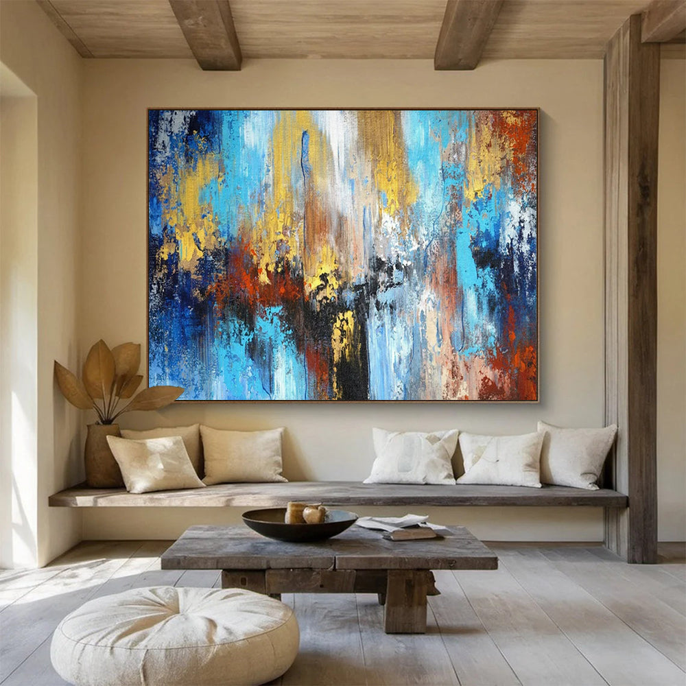 “Blue - Gold Urban Impasto” - Blues, golds, reds; vibrant, textured cityscape abstraction CT1606