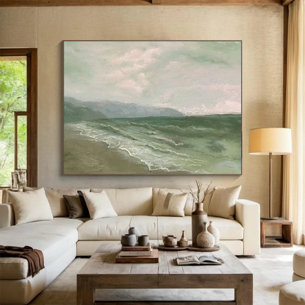 “Muted Seaside” - Greens, blues, soft grays; tranquil, realistic - leaning seascape CT1522