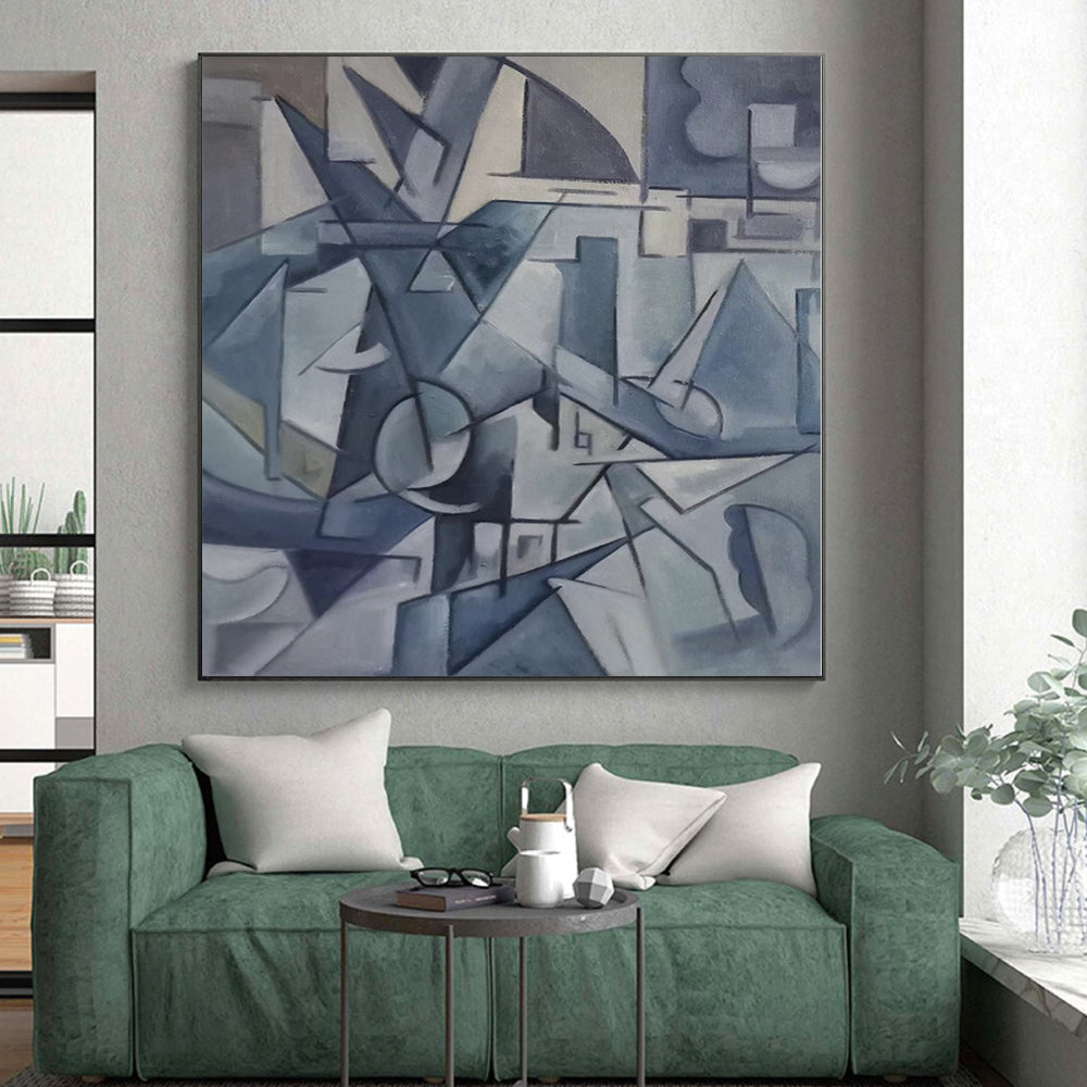 “Blue & Gray Cubist Abstraction” - Abstract Cubist - Style Painting CT0393