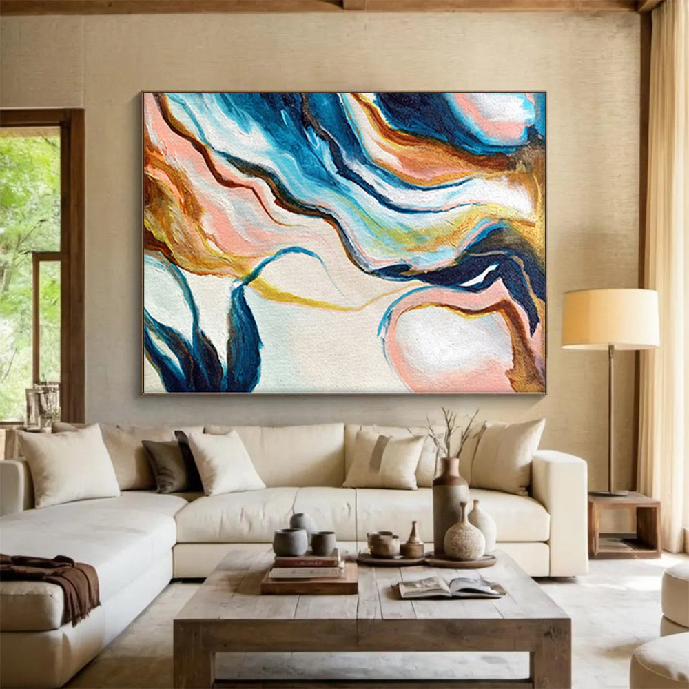 “Colorful Marble Flow” - Abstract Art with Blue, Pink, Yellow, Brown Swirls CT0033