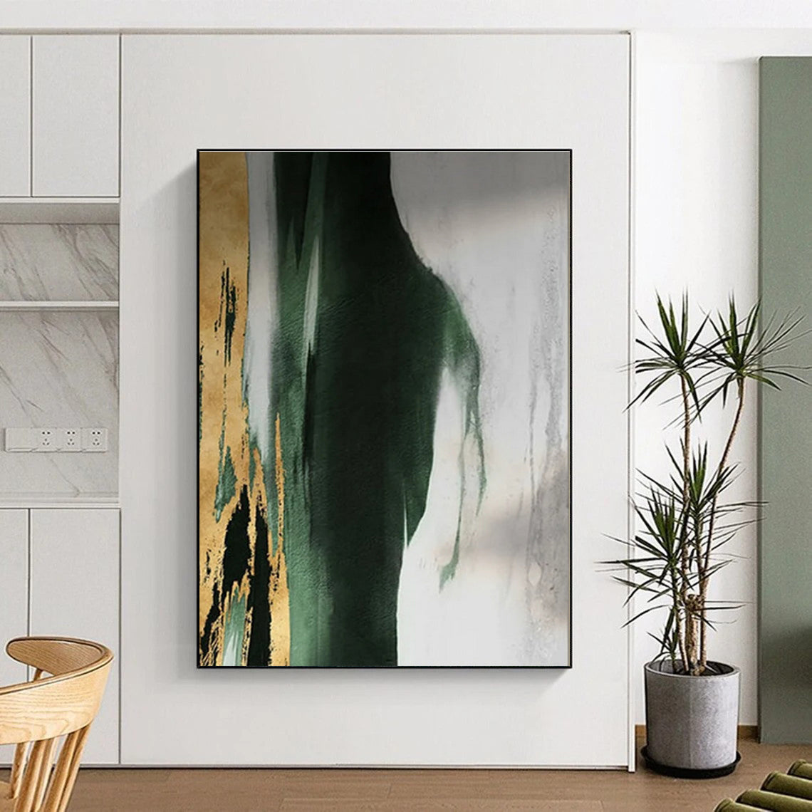 “Green - Gold - White Abstract”,Abstract Minimalist Art CT0640