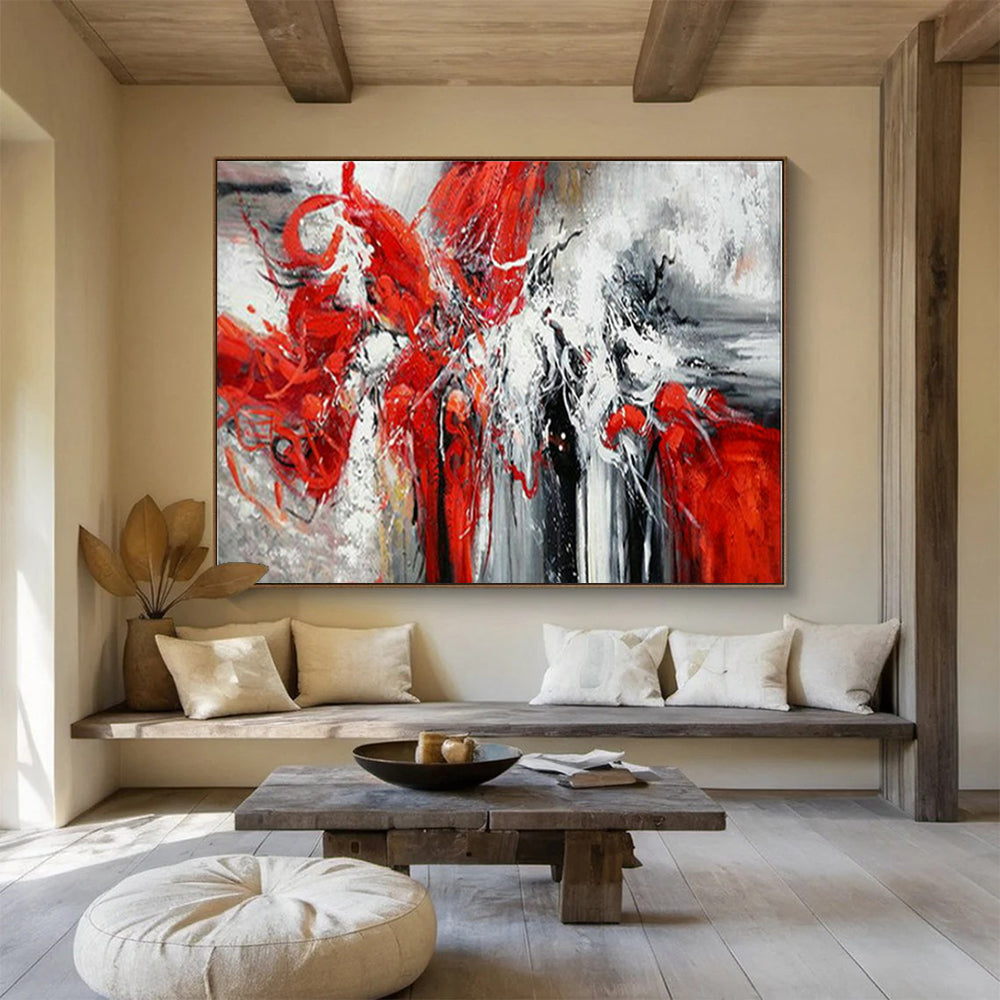 “Scarlet Rhapsody” - Red, white, gray; dynamic, swirling red forms against muted background CT1485