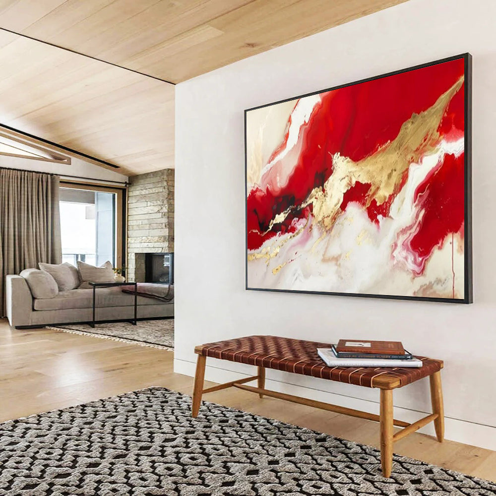 “Red - Gold Fluid Abstraction” - Reds, whites, golds; flowing, metallic - accented color waves CT1614