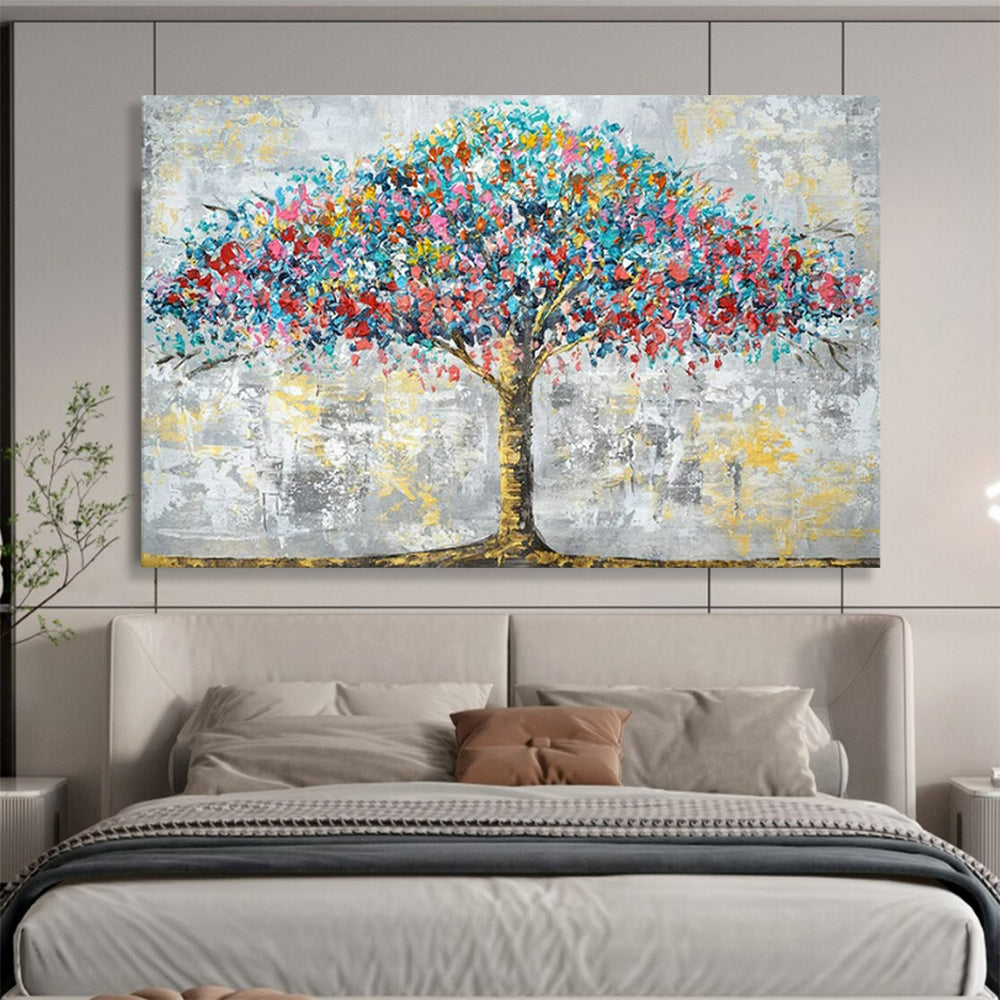 “Colorburst Tree of Life” - Blues, reds, pinks, yellows; vibrant, textured tree against a muted background CT1598