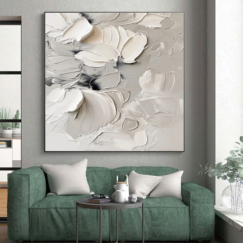 “Textured White Blooms”,Abstract Floral Impasto Artwork CT0525