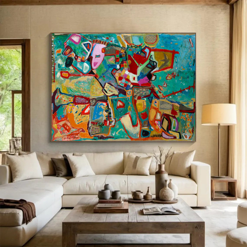 Abstract forms in blue - green with pops of pink and red CT1679