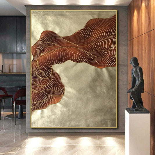“Brown - Gold Wavy Lines”,Line - Based Abstract Painting CT0347