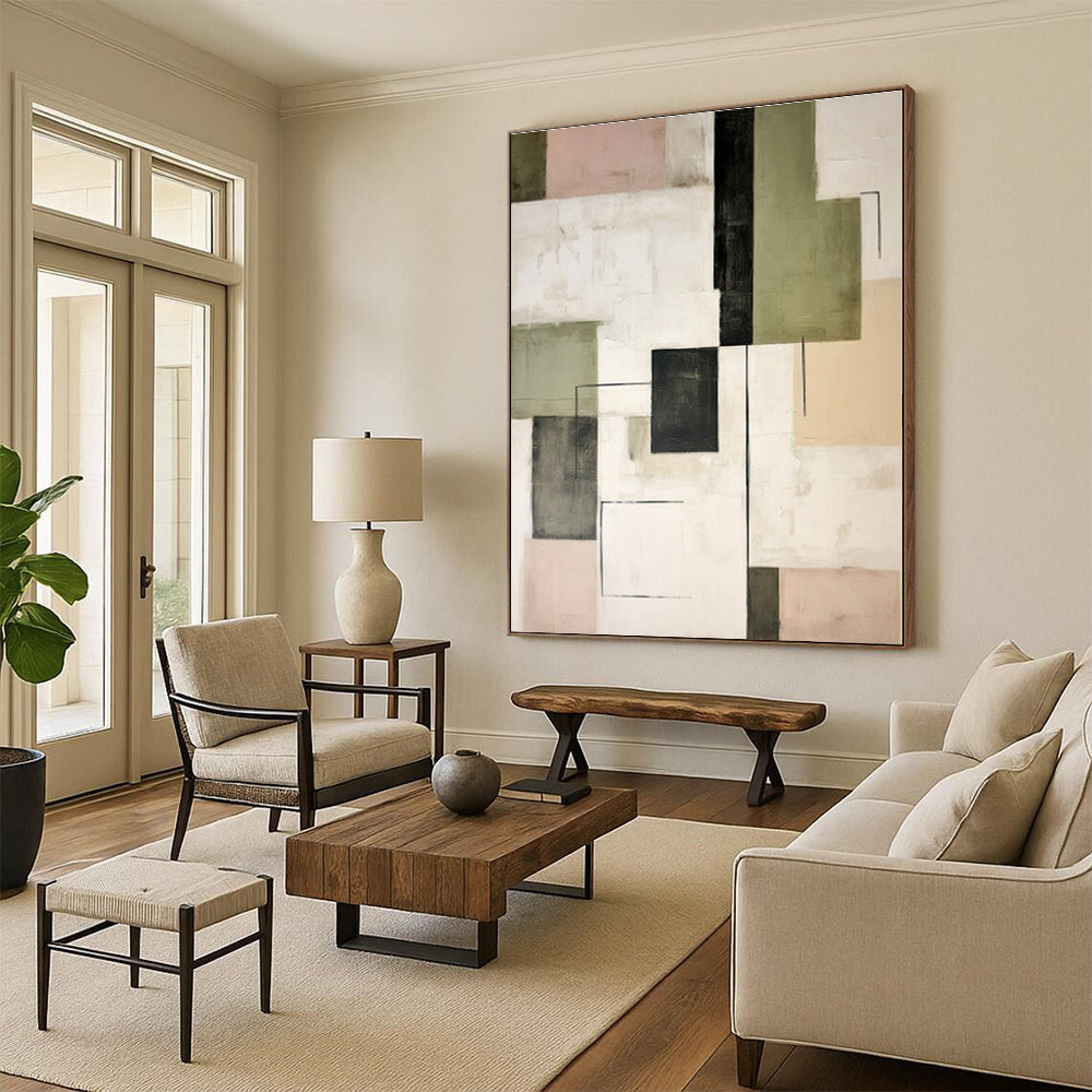 “Geometric Mix of Green, Black & Pastels” - Abstract Modernist Painting CT0397