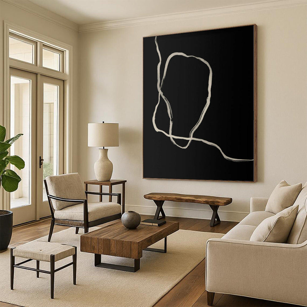“Organic White Lines on Black” Abstract Acrylic Art CT0336