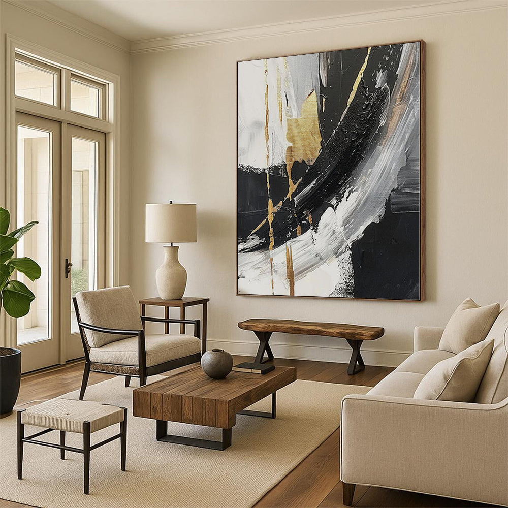 “Gilded Monochrome” - Abstract Art with Black, White, Gold CT0085