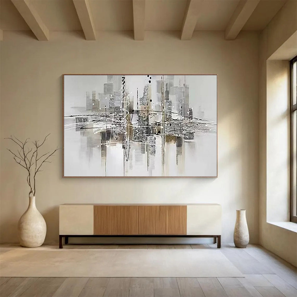 “Abstract Cityscape” - Monochromatic tones with black, white, gray; a dynamic, abstract city skyline with reflections CT1551
