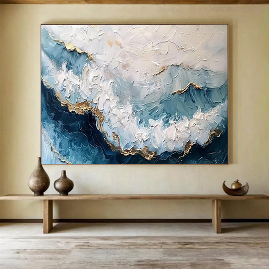 “Textured Ocean Gold” - Blues, whites, golds; thick, impasto ocean waves with metallic accents CT1604
