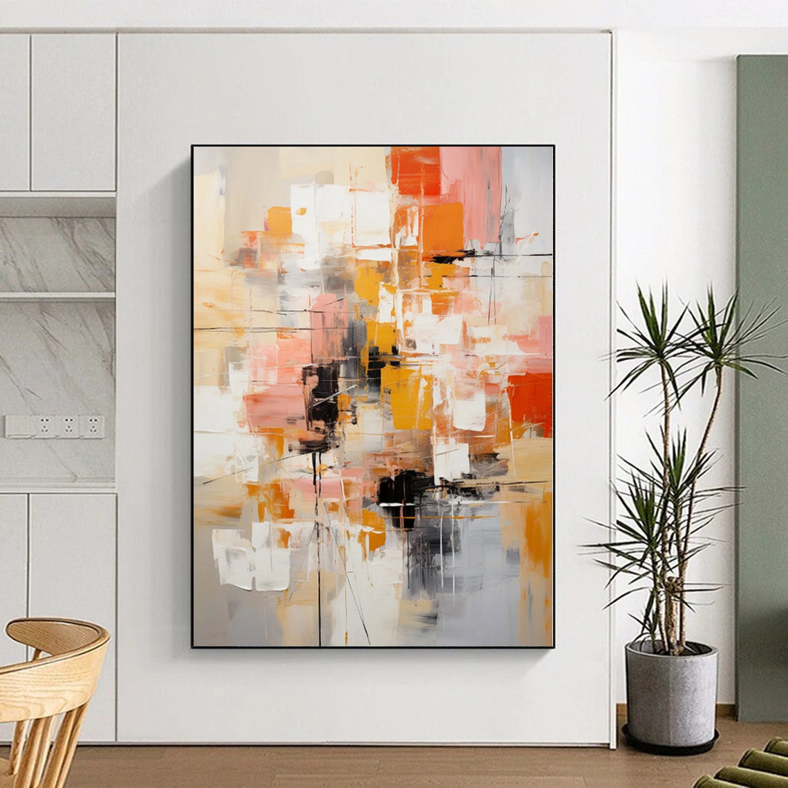 “Orange - pink Abstract Geometry” Cubist - Inspired Acrylic Art CT0225