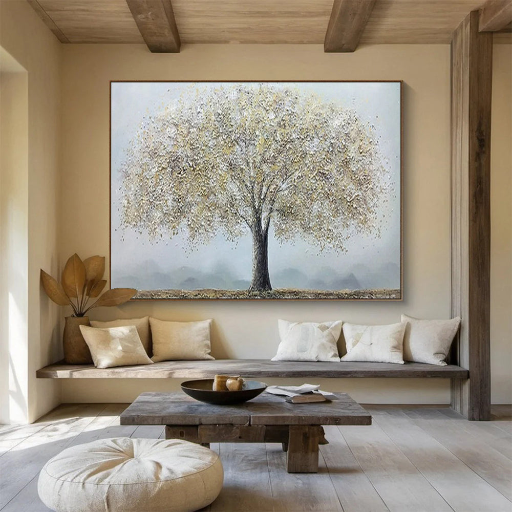 “Silver Tree” - Tones of silver - white, light gray, and brown; a fluffy crown like silver blossoms, a single tree against a hazy background CT1526