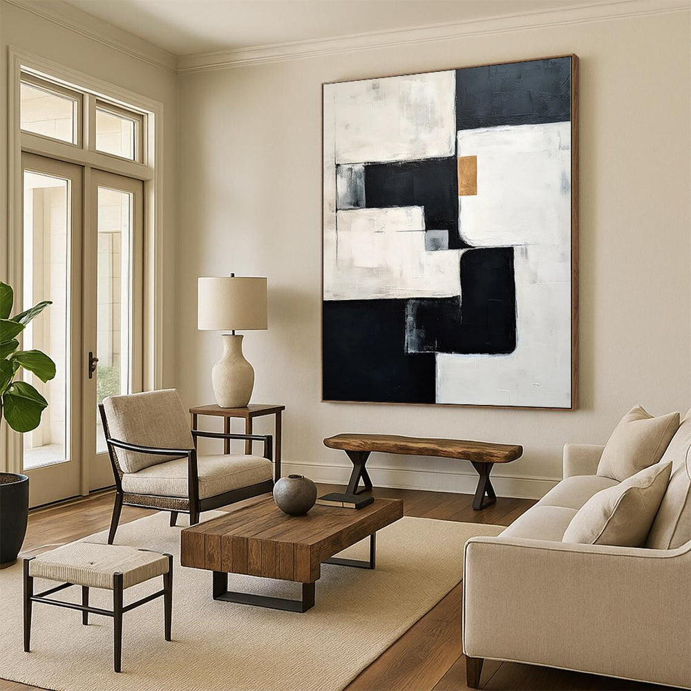 “Geometric Gold Accent” - Abstract Art with Black, White, Gray, Gold CT0082