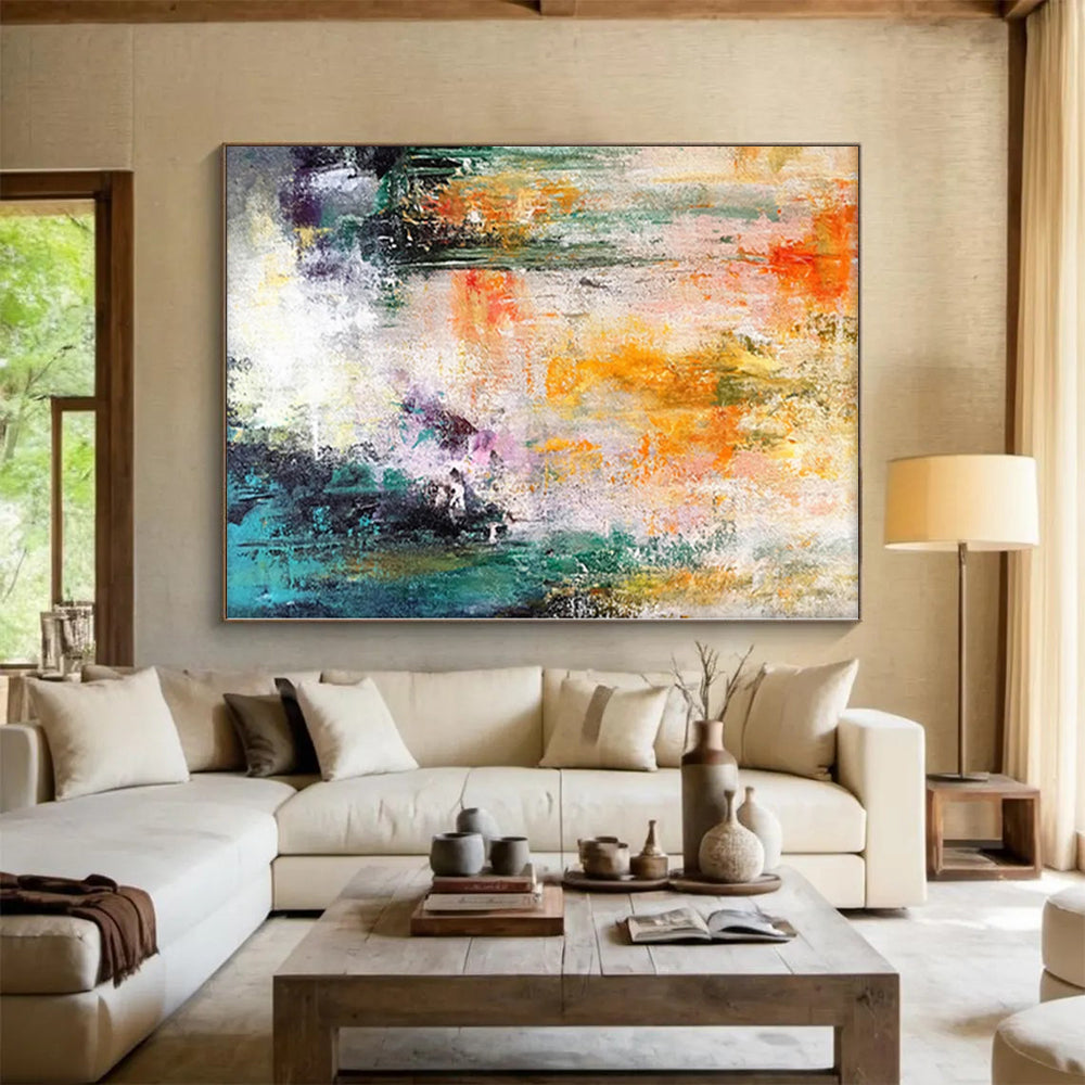 “Sunset Streams” - Abstract Art with Orange, Yellow, Green Vertical Strokes CT0006