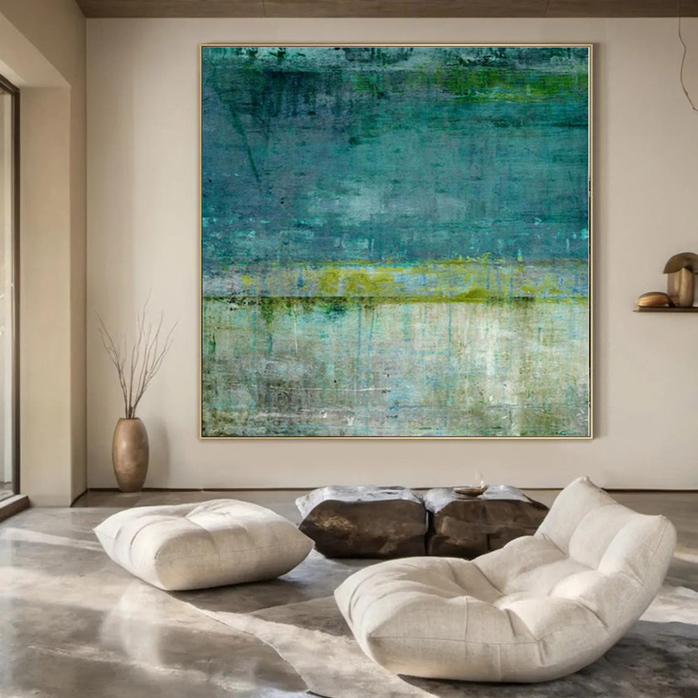 “Teal and Green Textured Layers” Mixed - Media Art CT0182