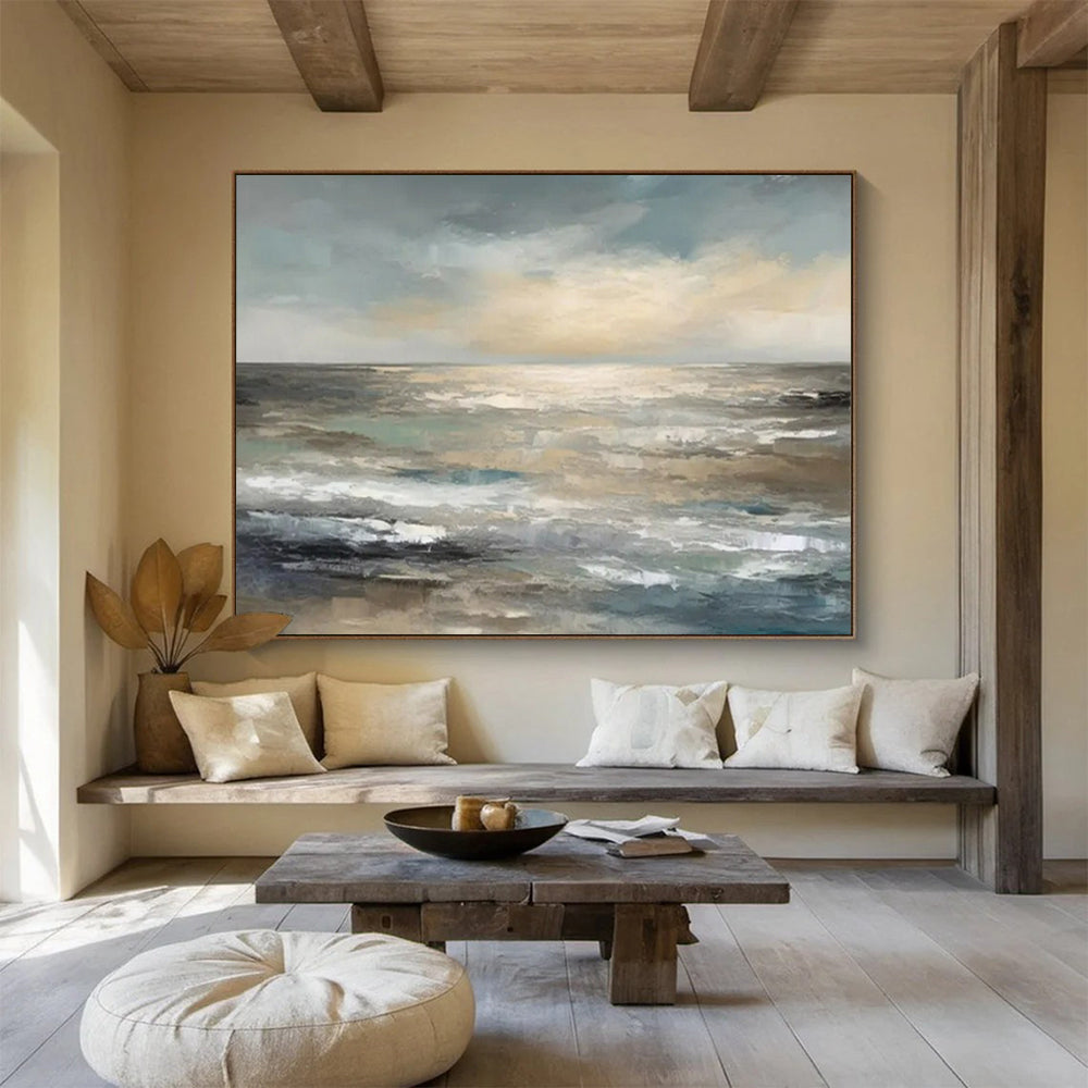 “Muted Ocean Horizon” - Tones of gray, blue, beige; a soft, abstract ocean horizon with gentle waves CT1548