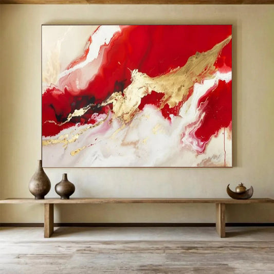 “Red - Gold Fluid Abstraction” - Reds, whites, golds; flowing, metallic - accented color waves CT1614