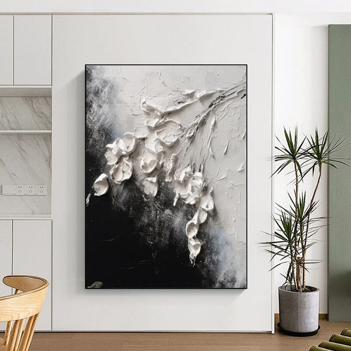 “3D White Flowers on Black”,Abstract Impasto Oil Painting CT0580