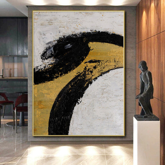 “Elegant Curves” - Abstract Painting with Black, Gold, White CT0039