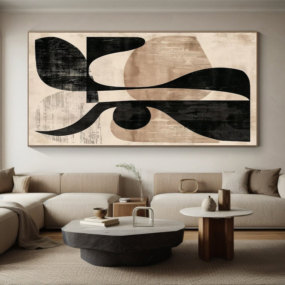 “Black & Beige Abstract Shapes: Retro Geometry” - Abstract Geometric Painting CT0385