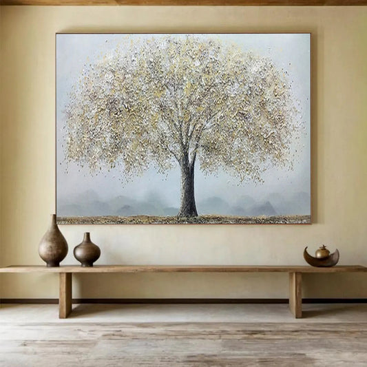 “Silver Tree” - Tones of silver - white, light gray, and brown; a fluffy crown like silver blossoms, a single tree against a hazy background CT1526