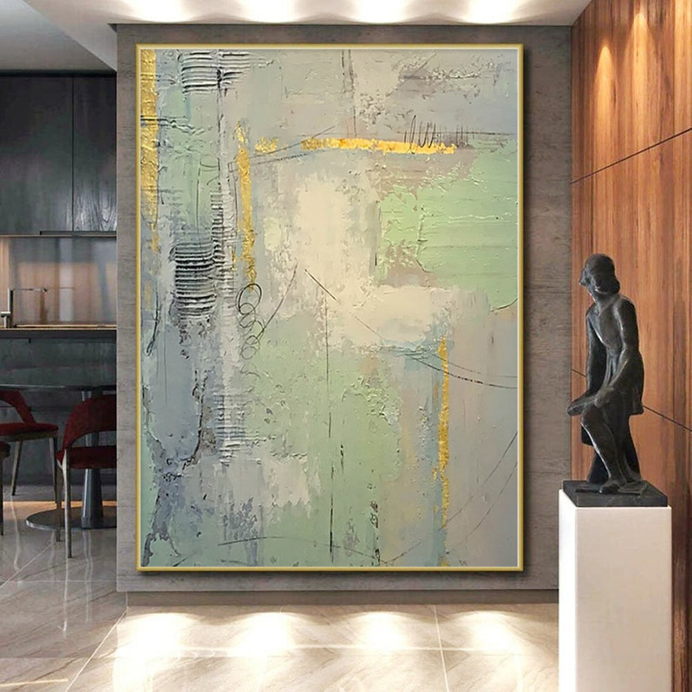 “Grey - Green Abstract with Gold Details”,Textured Abstract Painting CT0374