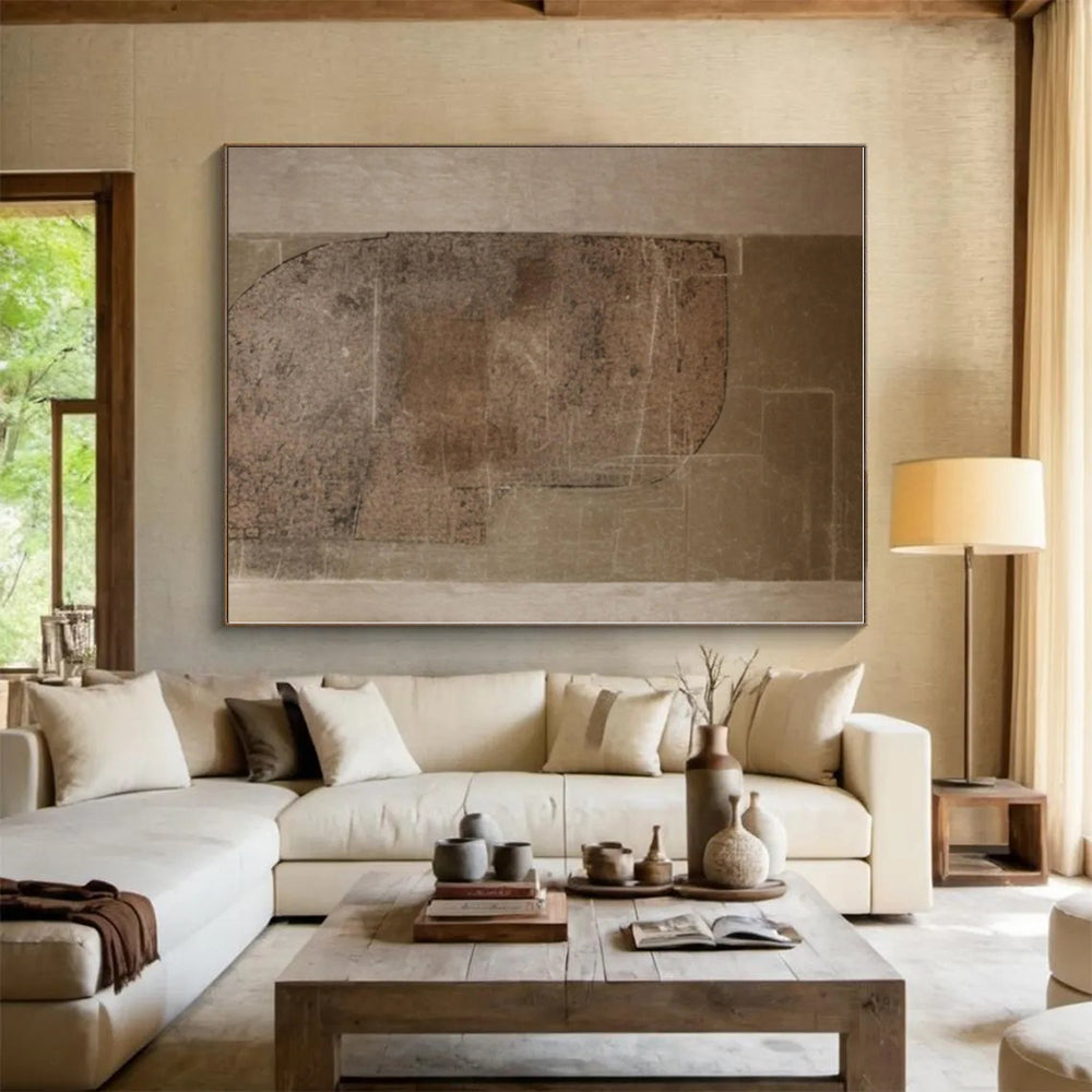 “Brown and Beige Textured Shapes”,Abstract Minimalist Mixed - Media Painting CT0520