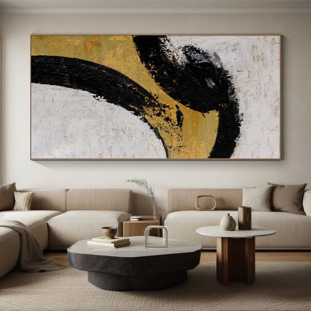 “Elegant Curves” - Abstract Painting with Black, Gold, White CT0039