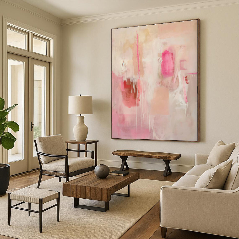 “Pink - Beige Abstract Drizzle” - Abstract Expressionist Art CT0440