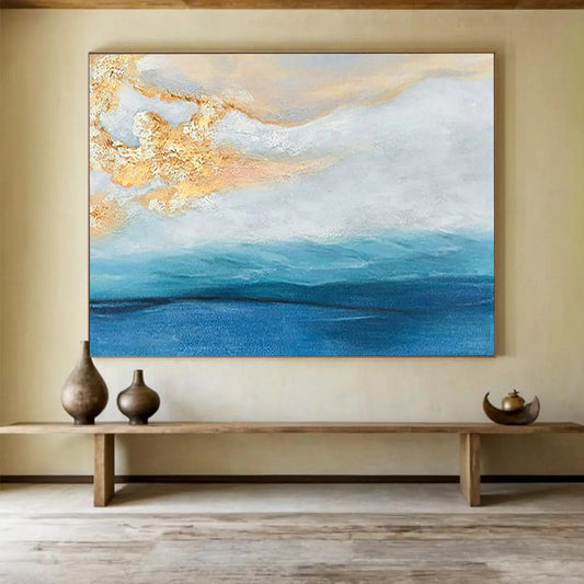 “Coastal Gleam” - Blues, whites, gold; fluid, seascape - inspired abstract forms CT1521