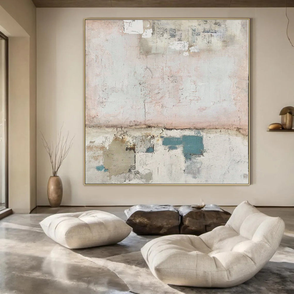 “Soft Pink Collage” - Abstract Painting with Pink, Blue, Gray, White CT0109