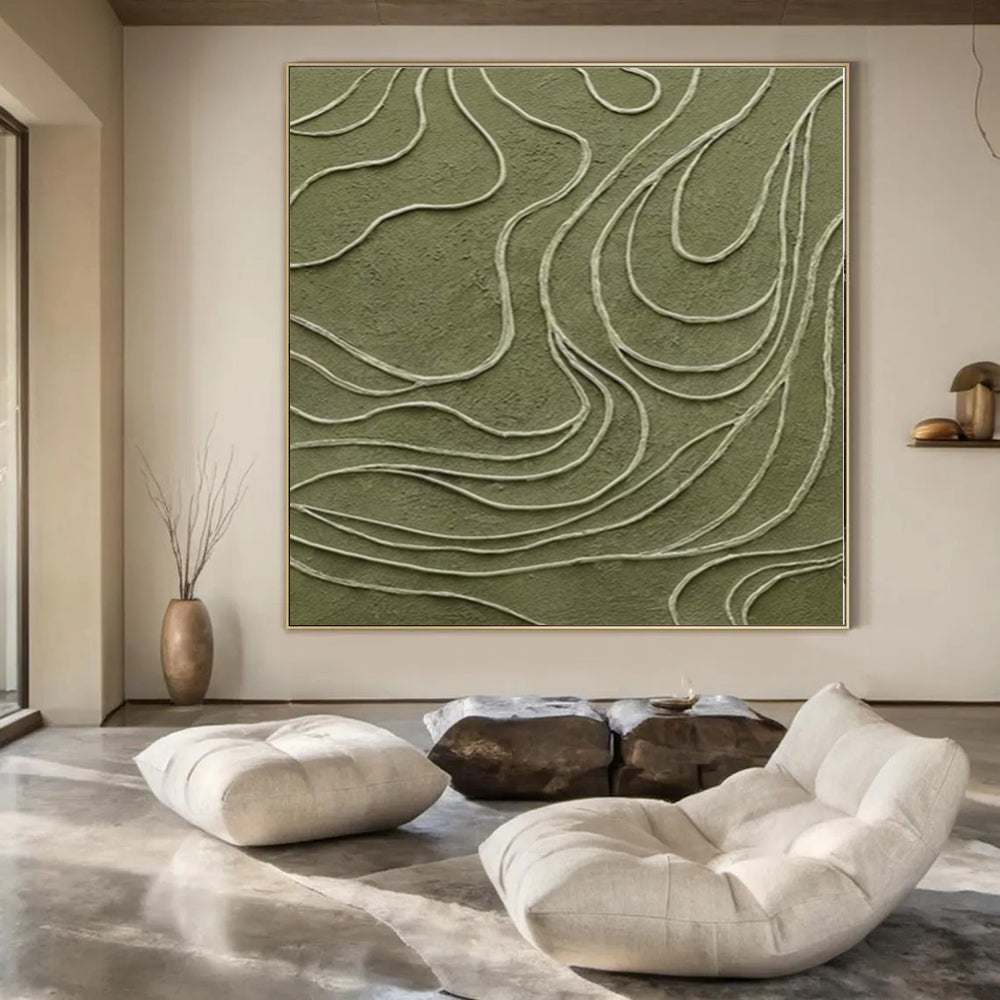 “Olive Green with White Wavy Lines” Textured Relief Art CT0144