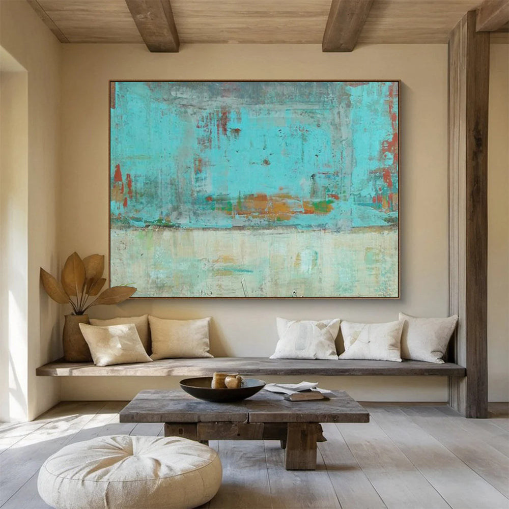 “Turquoise Urban Abstract” - Turquoise, orange, beige; faded, abstract city scene CT1583