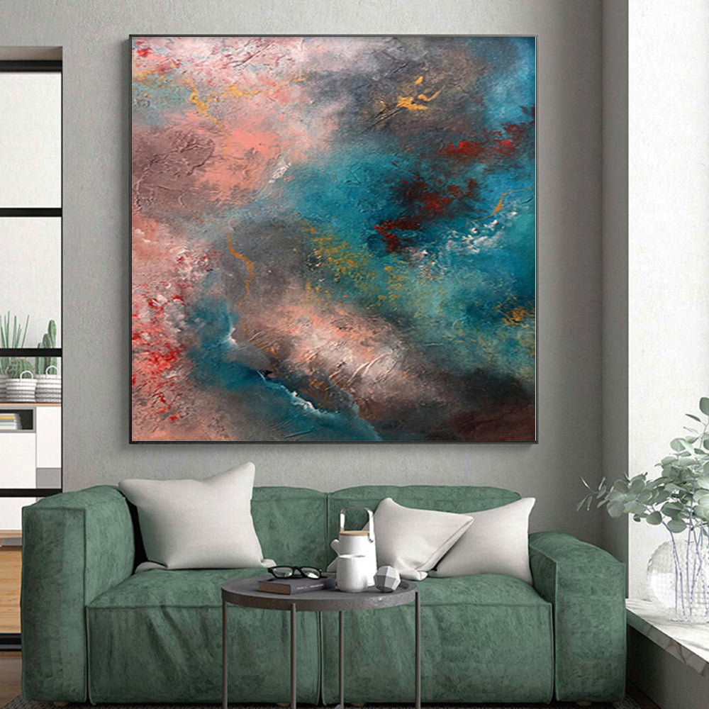 “Cosmic Blush” - Abstract Painting with Pink, Blue, Gray, Yellow, Red CT0053