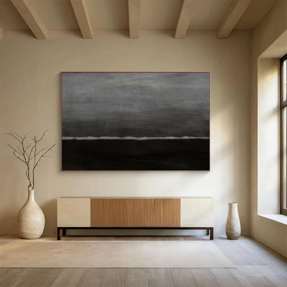 “Dark Horizons” - Deep grays, blacks, subtle white line; minimalist, moody landscape - like abstraction CT1517