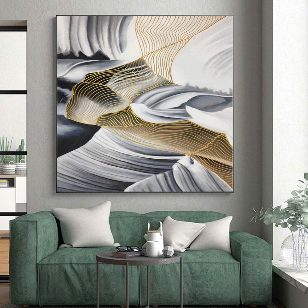 “Black - White - Gold Wavy Nets”,Mixed - Media Abstract Painting CT0351