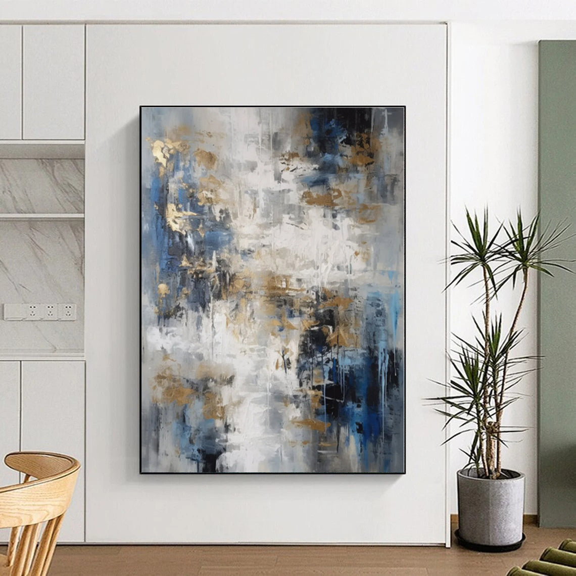 “Blue - Grey with Gold Accents”,Abstract Expressive Acrylic Painting CT0537