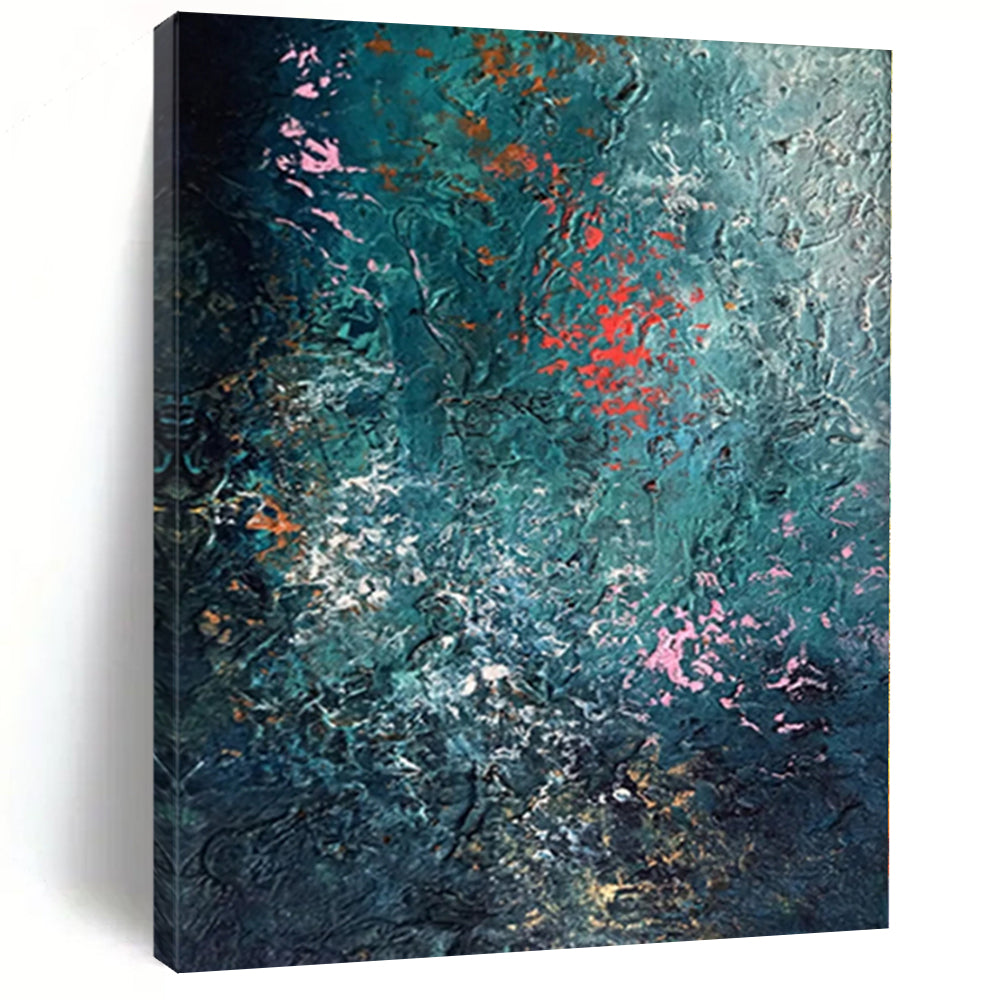 “Deep Sea Sparkle” - Abstract Painting with Teal Background, Pink and Orange Flecks CT0002