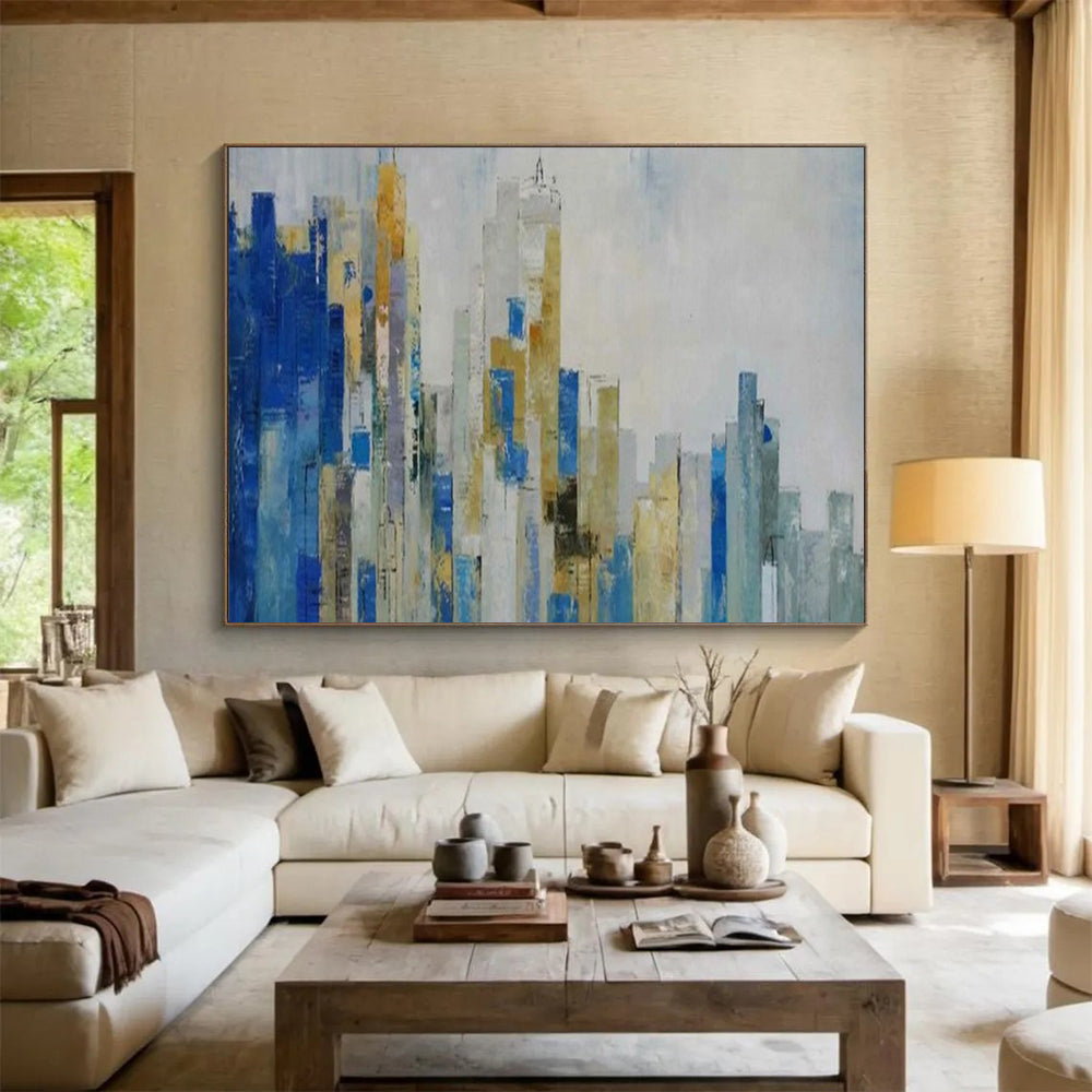 Abstract cityscape with blue, gold, and gray tones CT1659