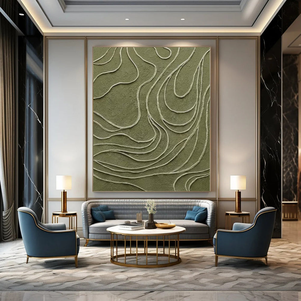 “Olive Green with White Wavy Lines” Textured Relief Art CT0144